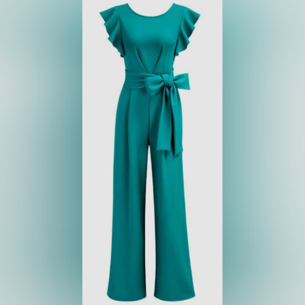 Elegant Teal Ruffled Sleeve Pant Suit with Waist Tie